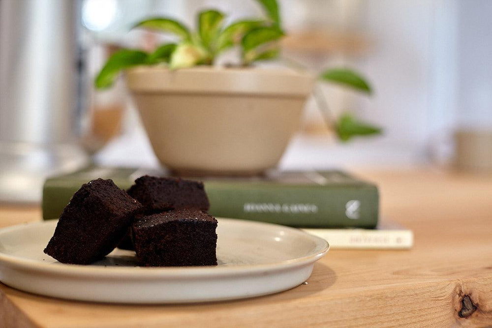 
                  
                    Black Bean Brownie on plate with plant in background
                  
                